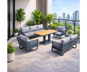 Shatchi Cannes Grand 7-Seater Aluminium Outdoor Lounge Set With Adjustable Ceramic Glass Table
