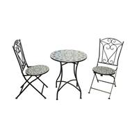 Shatchi Casablanca Mosaic Bistro Set Three Piece Garden Furniture Set with Two Folding Chairs & Round Outdoor Table for Balcony & Patio - 3 Piece