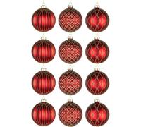 Shatchi Christmas 8cm Red Glass Baubles Set - 12pcs Ornaments with 3 Assorted Designs for Tree Decorations Shatchi Red