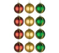 Shatchi Christmas Baubles 12Pcs Set - 8Cm Red, Gold & Green Glass Ornaments With 3 Assorted Designs