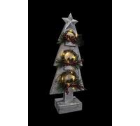 Shatchi Christmas Decoation Battery Operated Wooden House Grey Tabletop Decorated With Berries, Pines And Small Warm White Bulbs