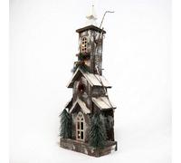 Christmas Holiday Home Décor Battery Operated Wooden House Tabletop Centrepiece with Berries, Pines and 10 Small Warm White Bulbs, 66cm