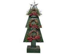 SHATCHI Christmas Holiday Home Décor Battery Operated Wooden Tree Tabletop Centrepiece with Wreath and 15 Small Warm White Bulbs - (Grey/Red/Green), 80cm, Wood, 25 x 10 x 80H cm