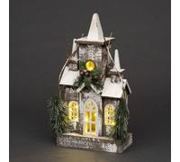 Shatchi Christmas Decoration Gift Battery Operated Wooden House Tabletop Decorated with Berries, Pines & Small Warm White Bulbs in Silver Shatchi Silver