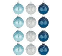 Shatchi Christmas Glass Baubles 12pcs Set - 8cm Blue & White Ornaments with 3 Stylish Assorted Designs in Bright Blue Shatchi Bright Blue