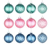 12Pcs/80mm Glass Baubles Christmas Tree Balls Spheres Hanging Ornaments Set Assorted Designs Xmas Tree Decorations