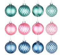 Shatchi Christmas Glass Baubles 12pcs Set - 8cm Green, Pink & Blue with 12 Assorted Festive Designs in Green Shatchi Green