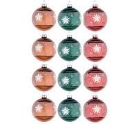 Shatchi Christmas Glass Baubles 12Pcs Set - 8Cm Orange, Green & Red With 3 Vibrant Designs