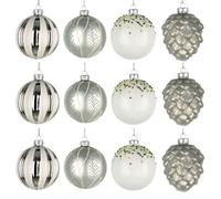 12Pcs/80mm Glass Baubles Christmas Tree Balls Spheres Hanging Ornaments Set Assorted Designs Xmas Tree Decorations, Silver,white
