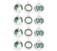 Shatchi Christmas Glass Baubles 12pcs Set - 8cm White Ornaments with 3 Elegant Assorted Designs Shatchi White