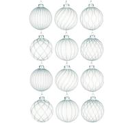 Shatchi Christmas Glass Baubles 12pcs Set - 8cm White Ornaments with 6 Unique Festive Designs Shatchi White