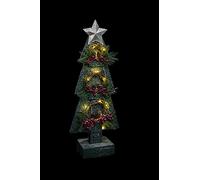 SHATCHI Christmas Holiday Home Décor Battery Operated Wooden Tree Tabletop Centrepiece with Wreath and 15 Small Warm White Bulbs - (Grey/Red/Green), 80cm, Wood, 25 x 10 x 80H cm
