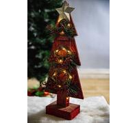 SHATCHI Christmas Holiday Home Décor Battery Operated Wooden Tree Tabletop Centrepiece with Wreath and 15 Small Warm White Bulbs - (Grey/Red/Green), 80cm, Wood, 25 x 10 x 80H cm