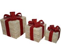 SHATCHI Light Up Christmas Parcels Pre-Lit Battery Operated LED Glitter Sisal/Rattan Xmas Presents Holiday Home Novelty Decorations Set of 3 - Gold/Red/Cream/Tartan, 25cm/20cm/15cm