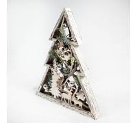 43cm Christmas Pre-Lit Wooden Warm White LED Tree Frame Tabletop Centrepiece Decoration with Pinecones and Baubles Holiday Home Décor