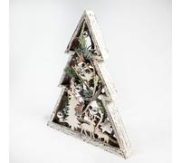 Shatchi Christmas Pre-Lit Warm White LED Frame Centrepiece Decoration with Pinecones & Baubles Star/Rectangle, Wooden Tree Shatchi White