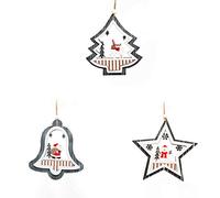 SHATCHI Christmas Tree Ornaments Grey Wooden Aesthetic Hanging Decorations set of 3 pcs Xmas DIY Holiday Home Décor - 1 Star, 1 Bell, 1 Tree Shape pieces(12cm)