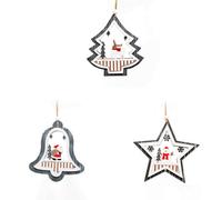 SHATCHI Christmas Tree Ornaments Grey Wooden Aesthetic Hanging Decorations set of 3 pcs Xmas DIY Holiday Home Décor - 1 Star, 1 Bell, 1 Tree Shape pieces(12cm)