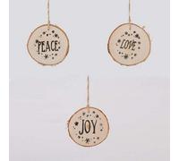 SHATCHI Set of 3 Wooden Ornament Hanging Set Xmas Love, Joy, Peace 10cm Size Approx Christmas Tree Decorations, Brown