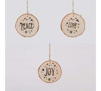 SHATCHI Set of 3 Wooden Ornament Hanging Set Xmas Love, Joy, Peace 10cm Size Approx Christmas Tree Decorations, Brown