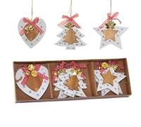 SHATCHI Christmas Tree Ornaments Wooden Aesthetic Hanging Decorations set of 6 pcs with Ribbons and Bells Xmas DIY Holiday Home Décor - 2 Star, 2 Heart, 2 Tree Shape pieces(8cm)