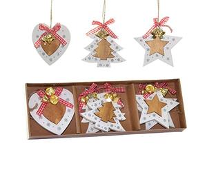 SHATCHI Christmas Tree Ornaments Wooden Aesthetic Hanging Decorations set of 6 pcs with Ribbons and Bells Xmas DIY Holiday Home Décor - 2 Star, 2 Heart, 2 Tree Shape pieces(8cm)