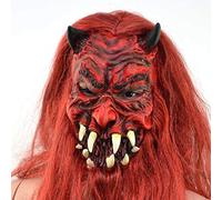 SHATCHI Gifts 4 All Occasions Limited Halloween Scary Devil Demon Latex Head Mask with Long Wig and Beard Full Face Adult Fancy Dress Set Horns, Red