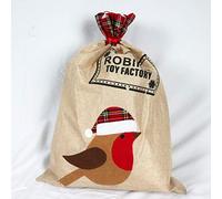 SHATCHI Large Santa Sack Stocking Printed Pattern Burlap Hessian Linen Xmas Sock Christmas Hanging Gift Bags Home Decorations Robin, 70x50cm