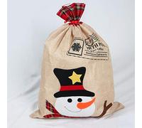 SHATCHI Large Santa Sack Stocking Printed Pattern Burlap Hessian Linen Xmas Sock Christmas Hanging Gift Bags Home Decorations Snowman, 70x50cm