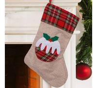 SHATCHI 45cm Large Christmas Pudding Xmas Stocking, Burlap Hessian Linen Hanging Sack Sock with Traditional Printed Design, Reusable Fireplace Stocking for Sweets, Toys and Festive Home Decorations