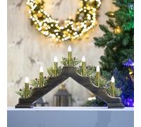 SHATCHI Latest Wooden Pre-Lit Brass Finish Candle Bridge Light 7 LEDs Bulbs Metallic Red Candles - Battery or USB Powered - Window Christmas Tree Home Light Holiday Xmas Decoration