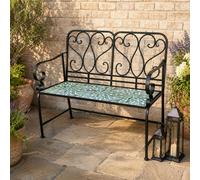 Shatchi Leaf Mosaic 2 Seater Garden Bench, 112cm Outdoor Patio Seat with Ceramic Tile Seat, Scrollwork Backrest & Metal Frame