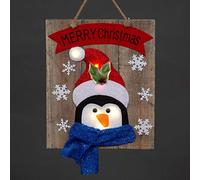 SHATCHI LED Light-Up Wooden Penguin Snowflakes Wall Hanging Battery Operated 30x36cm-Merry Christmas Decoration, Wood, 30x36cm