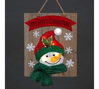 SHATCHI LED Light-Up Wooden Snowman Snowflakes Wall Hanging Battery Operated 30x36cm-Merry Christmas Decoration, Wood, 30x36cm