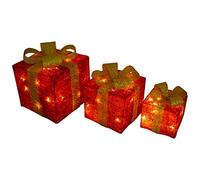 SHATCHI Light Up Christmas Parcels Pre-Lit Battery Operated LED Glitter Sisal/Rattan Xmas Presents Holiday Home Novelty Decorations Set of 3 - Gold/Red/Cream/Tartan, 25cm/20cm/15cm
