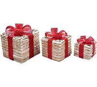 SHATCHI Light Up Christmas Parcels Pre-Lit Battery Operated LED Glitter Sisal/Rattan Xmas Presents Holiday Home Novelty Decorations Set of 3 - Gold/Red/Cream/Tartan, White & Brown, 25cm/20cm/15cm