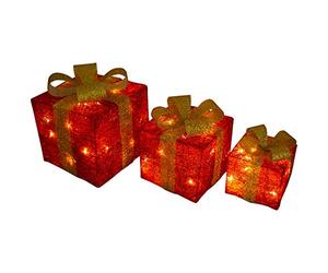 SHATCHI Light Up Christmas Parcels Pre-Lit Battery Operated LED Glitter Sisal/Rattan Xmas Presents Holiday Home Novelty Decorations Set of 3 - Gold/Red/Cream/Tartan, 25cm/20cm/15cm