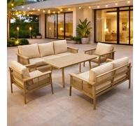 Aluminium Garden Furniture Set 7 Seater Beige Outdoor Patio Sofa Set - Poly Rattan Rope Loveseat, Armchairs, Dining Table, Thick Cushions for Lounge Conservatory Balcony Seating