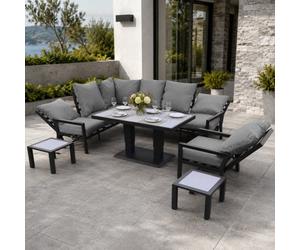 Shatchi Monte Carlo 7 Seater Aluminium Reclining Corner Garden Sofa Set With Gas Lift Table, Armchair & Grey Cushions