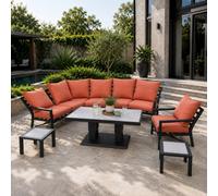 Shatchi Monte Carlo 7 Seater Aluminium Reclining Corner Garden Sofa Set With Gas Lift Table & Terracotta Cushions