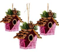3Pcs Pink Burgundy Birdhouse 10x11cm - Christmas Tree Hanging Decorations Festive Decorative Ornaments Fairy Tale Themed Xmas Tree Pendant