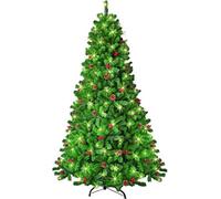 Shatchi Pre-Lit Artificial Christmas Tree Maryland Fir Green Tips Red Berries And Pine Cones Warm White Leds Home Decorations 6Ft