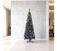 8Ft/2.4m Pre-Lit Artificial Slim Christmas Tree Green Pencil Tree, Pointed Tips, Metal Stand Multicolour LEDs Lights Holiday Home Decorations