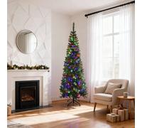 5Ft/1.5m Pre-Lit Artificial Slim Christmas Tree Green Pencil Tree, Pointed Tips, Metal Stand Multicolour LEDs Lights Holiday Home Decorations