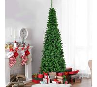 SHATCHI 5Ft/1.5m Pre-Lit Artificial Slim Christmas Green Pencil Tree, Pointed Tips, Metal Stand Warm White LEDs Lights Holiday Home Decorations, 150 cm