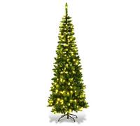 Shatchi Pre-Lit Artificial Slim Christmas Pencil Tree Holiday Multicolour Leds And Metal Stand, Green W/warm White, 7Ft
