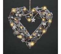 SHATCHI Pre-Lit Brown Wooden Wall Hanging Ornament Christmas Holiday Home décor with 20 Warm LEDs-Star, Wood, White Heart, 33 CM