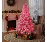 5Ft Flocked Prelit Pink Christmas Tree with Pink LED Lights Multifunction, Snow Dusted Artificial Pine Foldable Metal Stand 404 Tips Hinged Branches Snowy Bushy Luxury Holiday Home Decoration