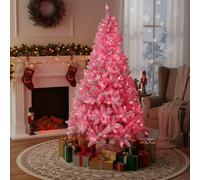 8Ft Flocked Prelit Pink Christmas Tree with Pink LED Lights Multifunction, Snow Dusted Artificial Pine Foldable Metal Stand 1396 Tips Hinged Branches Snowy Bushy Luxury Holiday Home Decoration