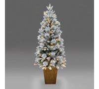 SHATCHI 5Ft/1.5m Pre Lit Potted Snow Flocked Christmas Tree with 100 Warm White LED Lights Changing 8 Modes, Pine Cones and Red Berries Snowy Tips, Green, 150cm